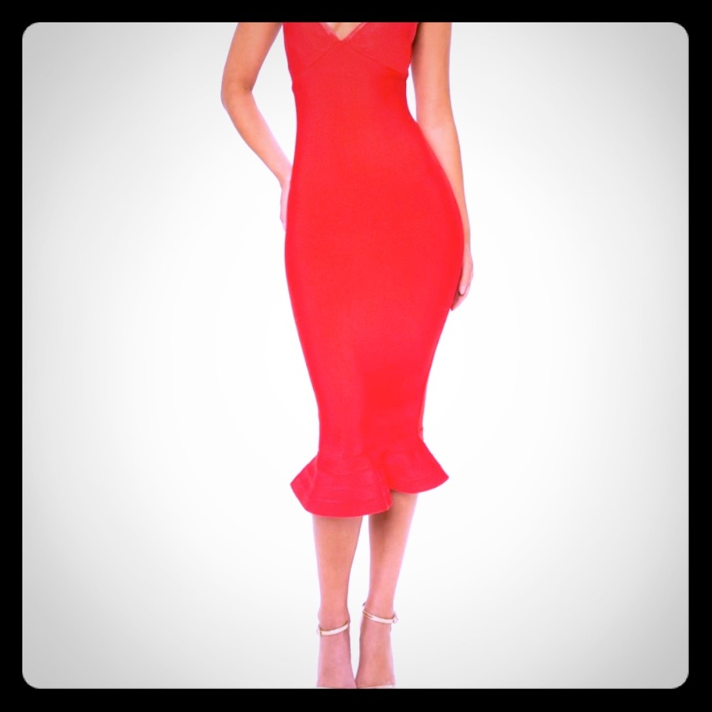 Red bandage strappy frill midi dress size 6
